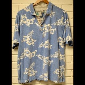 Cotton-linen Blend Hawaii Print Blue Shirt L